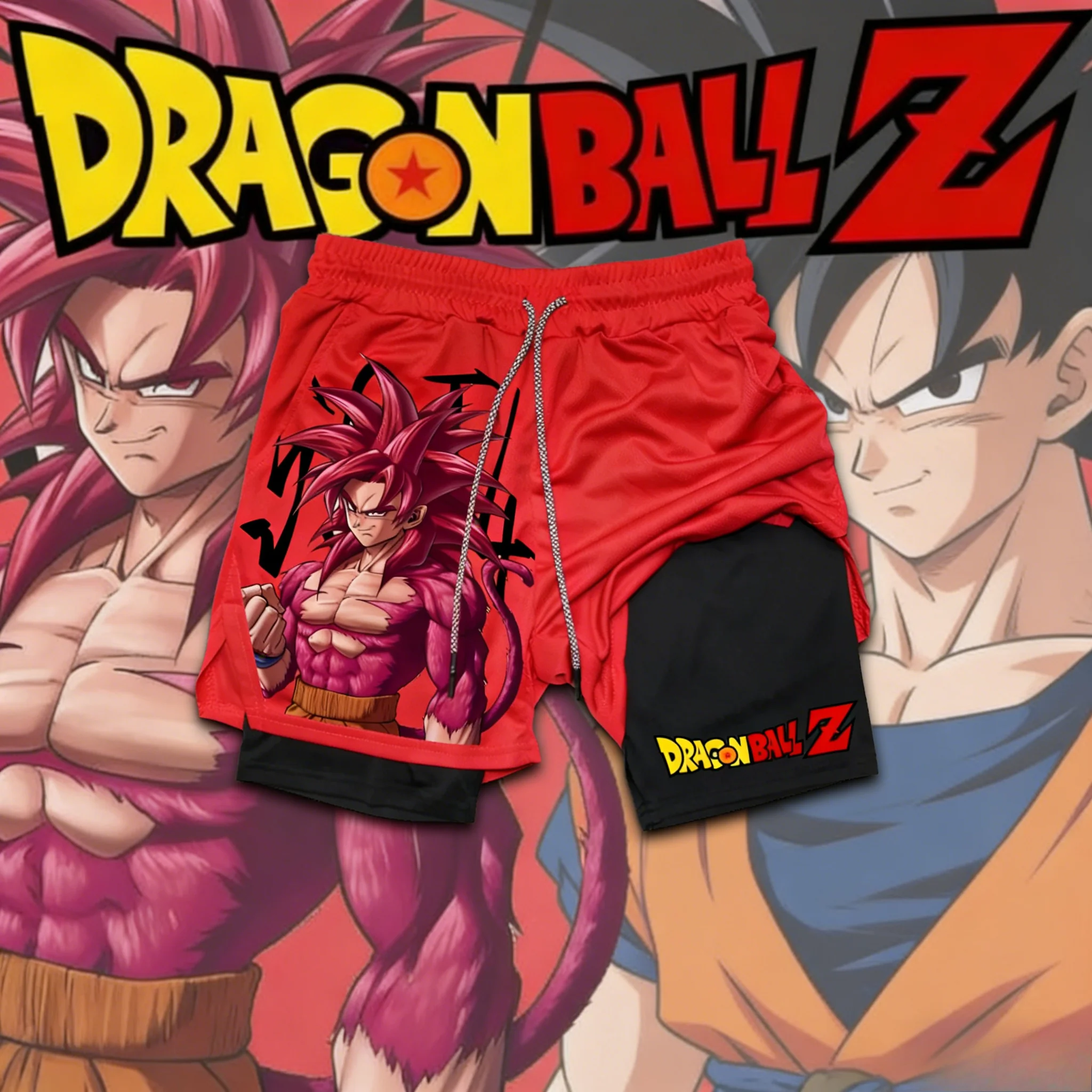 

2026 Summer Dragon Ball Oversized 2-in-1 Shorts High Quality Cotton Goku Super Saiyan 4 Print Unisex Retro Casual for Adults