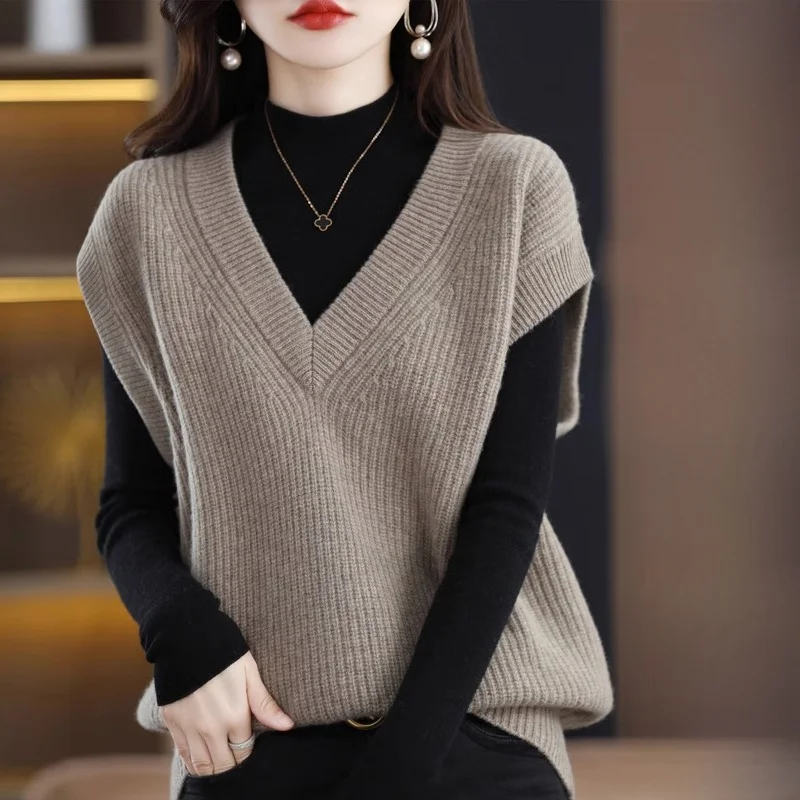 

Вязаный жилет больших размеров для женщин, V-образный вырез, свободный крой, с открытыми плечами, осенне-зимняя верхняя одежда для женщин больших размеров