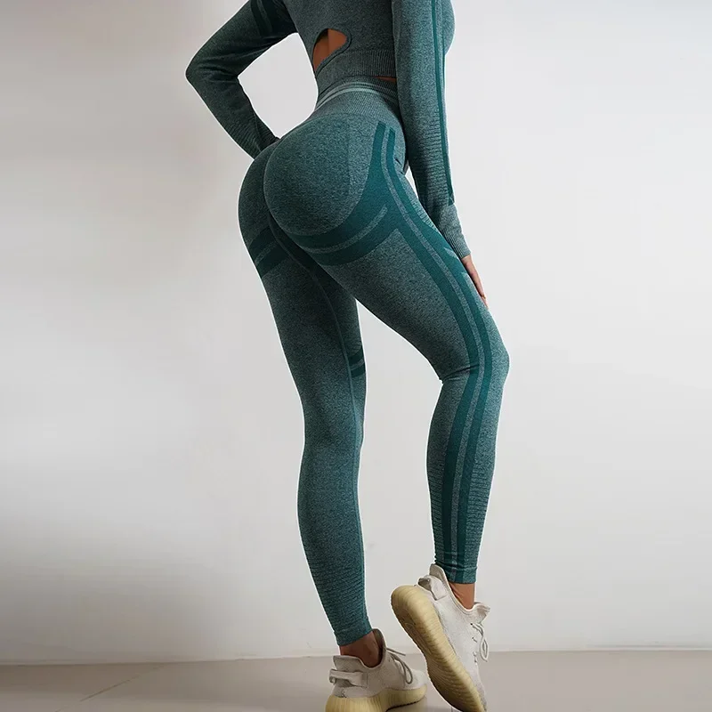 2 Pieces Gym Set Workout Clothes For Women Fitness Long Sleeve Crop Top Seamless Scrunch Butt Leggings Yoga Sport Suits