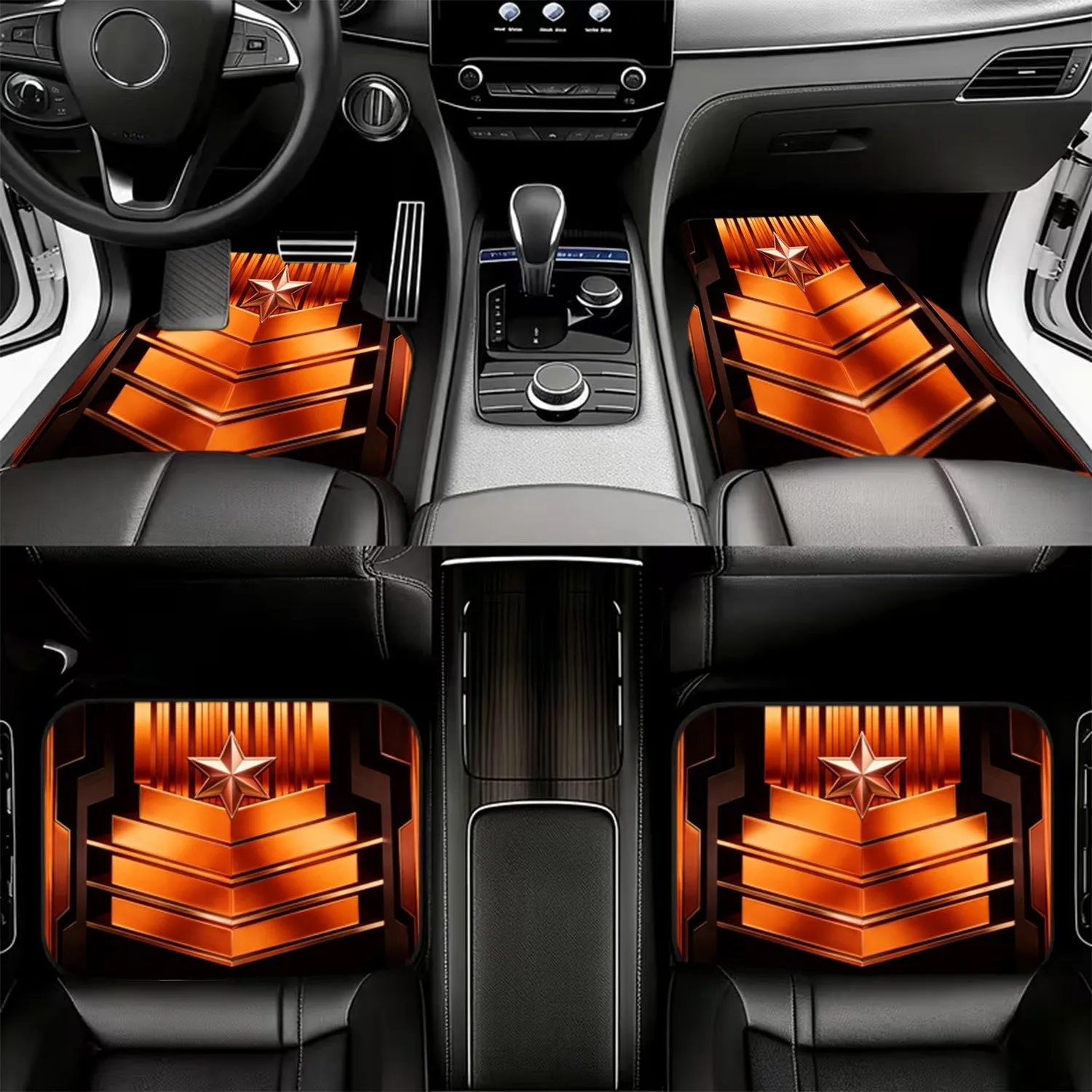 4pcs Car Floor Mats, 2D Flat Printing, Stylized Star Geometric Design, Metallic Reddish - Orange, Sleek Modern Aesthetic, Materi