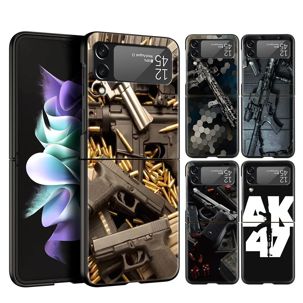 AK47 Handgun Gun BUllets Phone Cover For Samsung Galaxy Z Flip 4 Case Black For Samsung Z Flip 3 Hard PC Luxury Foldable Shell