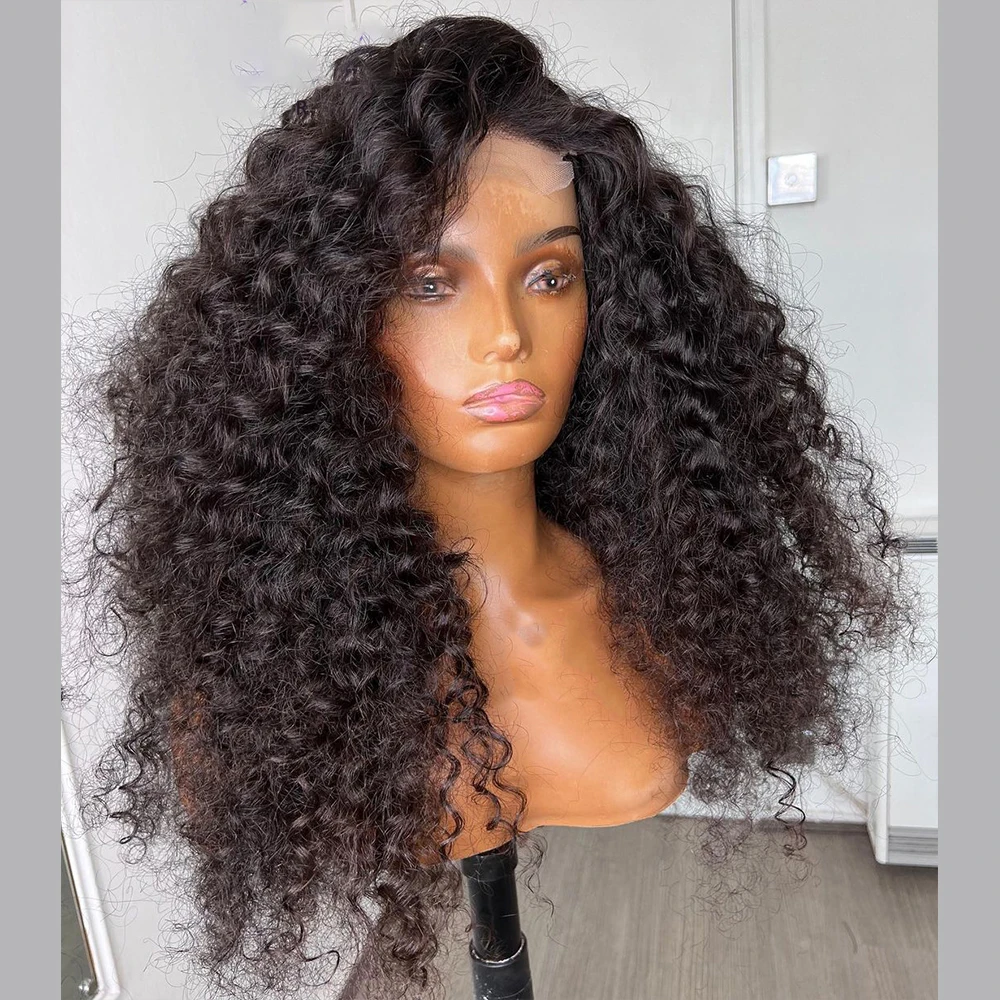 Soft Long 26inch Natural Black Glueless 180Density Kinky Curly Deep Lace Front Wig For Women With Baby Hair Preplucked Daily