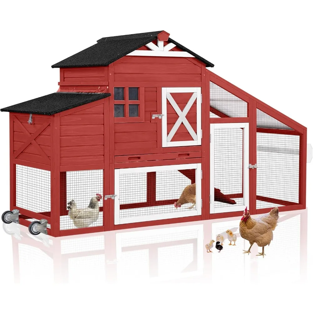 Chicken Coop on Wheels, Bunny Cage Expandable Wooden Poultry Cage with Large Nesting Box Leak Proof Pull-Out Tray