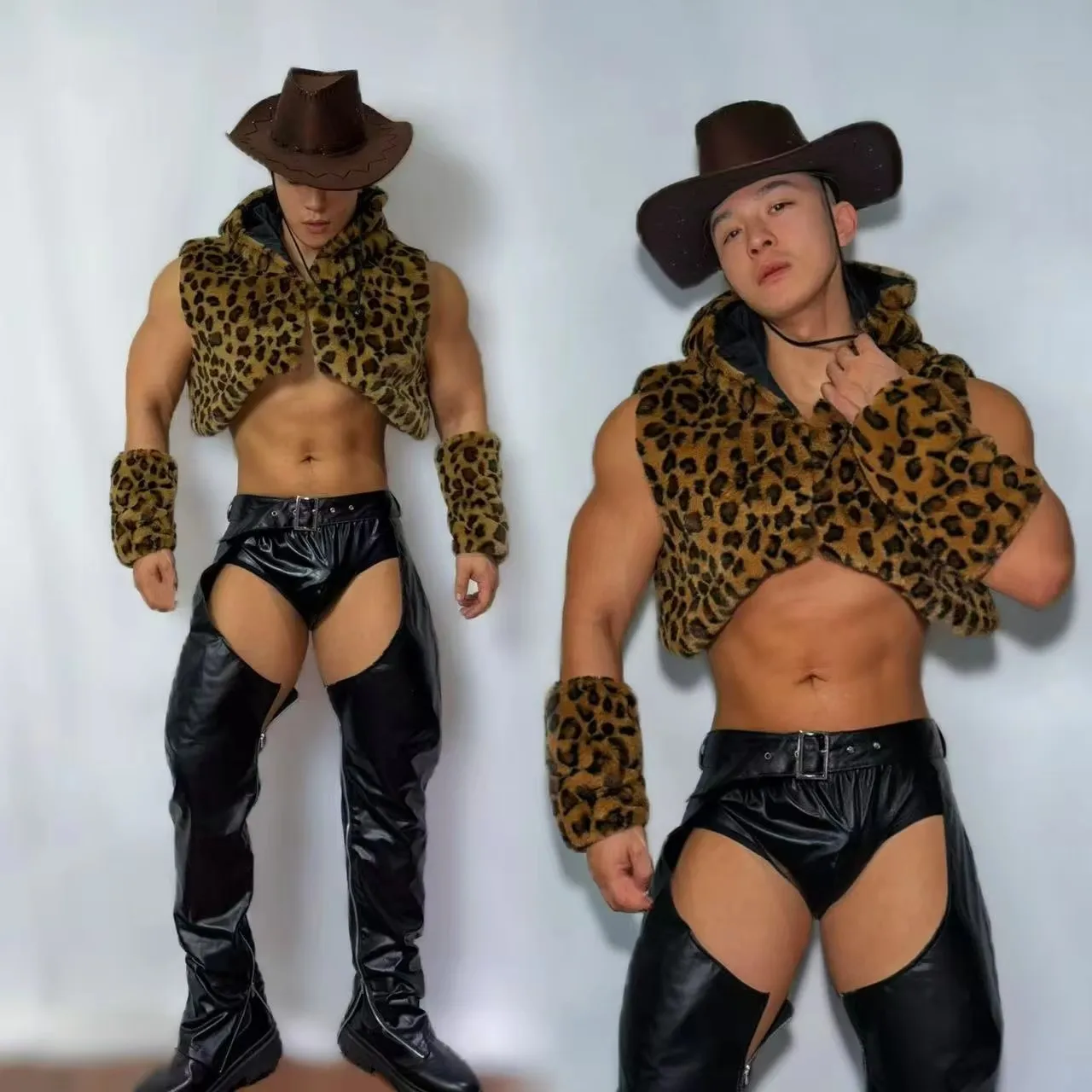 

Men's Leopard Faux Fur Vest Cuff Leather Pants Gothic Style Performance Outfits Sexy Nightclub Party Singer Show Stage Costume