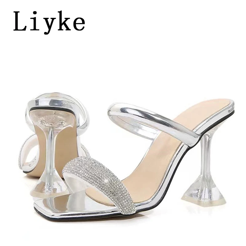 Liyke Runway Style Glitter Rhinestones Women Transparent Heels Slippers Summer Square Toe Color Sandals Size 46 Female Shoes