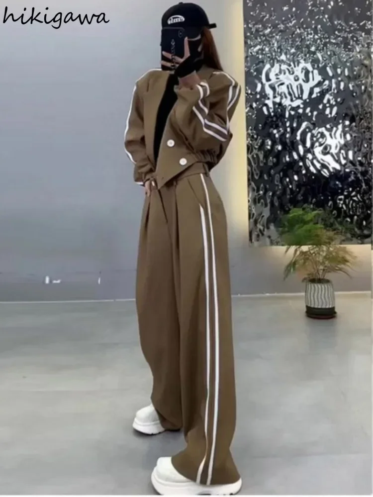 Korean Roupas Femme Pants Outfits Chic Two Piece Sets Women\'s Clothing Double-breasted Crop Coat Y2k Wide Leg Pants Casual Suit