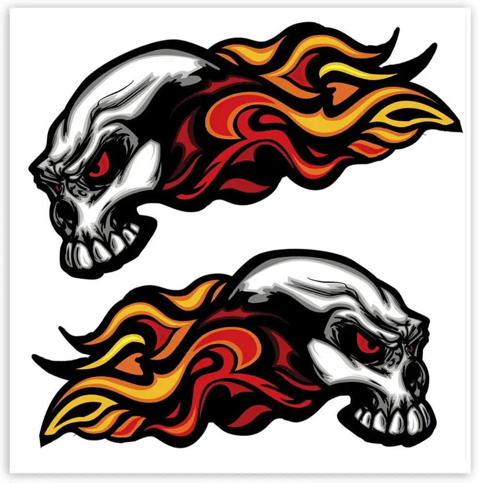 2 X Vinyl Stickers Skull Head Fire Flames Scary Horror Car Motorcycle Helmet Trolley Case Wall Body Windows Sports Decals