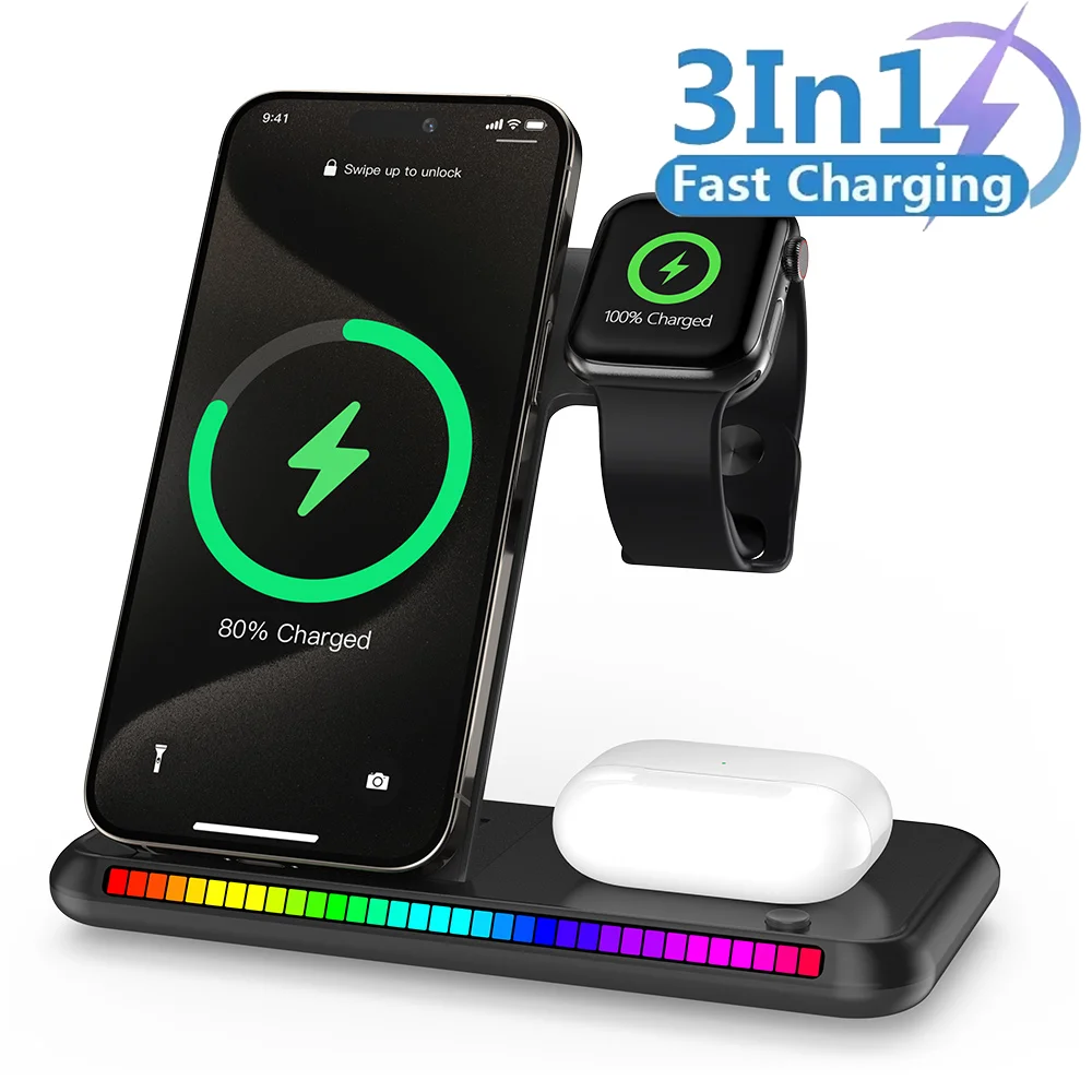 3 in 1 Foldable 100W LED fast Wireless Charger Stand Charging Station For iPhone 15 14 13 16 Apple Watch 9 8 7 6 5 Airpods Pro