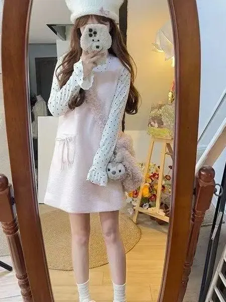Sweet Girl Plaid Long Sleeve Bib Overalls Dress Set Women's Autumn Winter Small Size Age Reduction Two Piece Set Fashionable