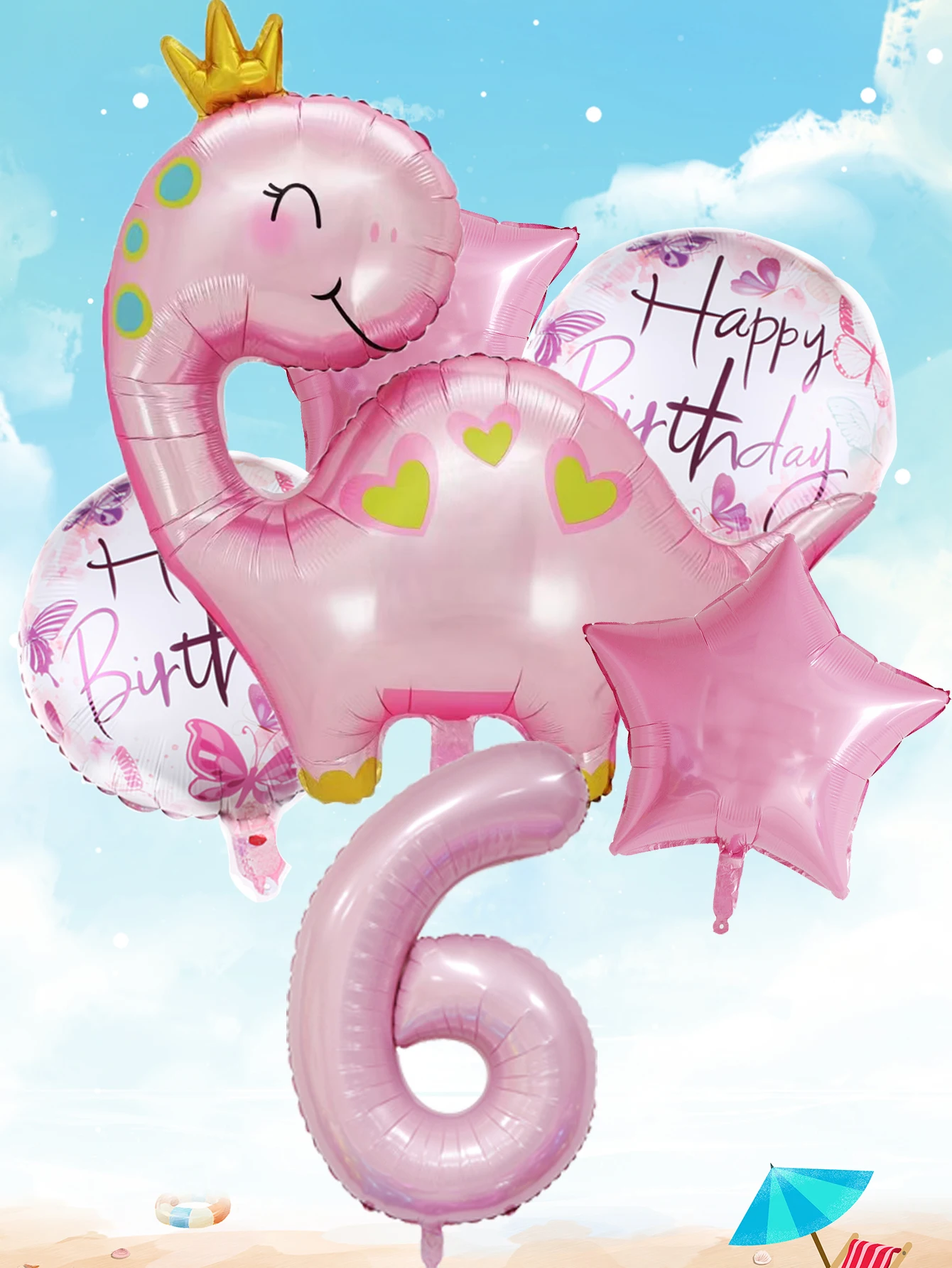 1set Pink Crown Dinosaur Foil Balloons 40 Inch Number Helium Balloon Baby Girl Children‘s Birthday Party Decorations Kids’