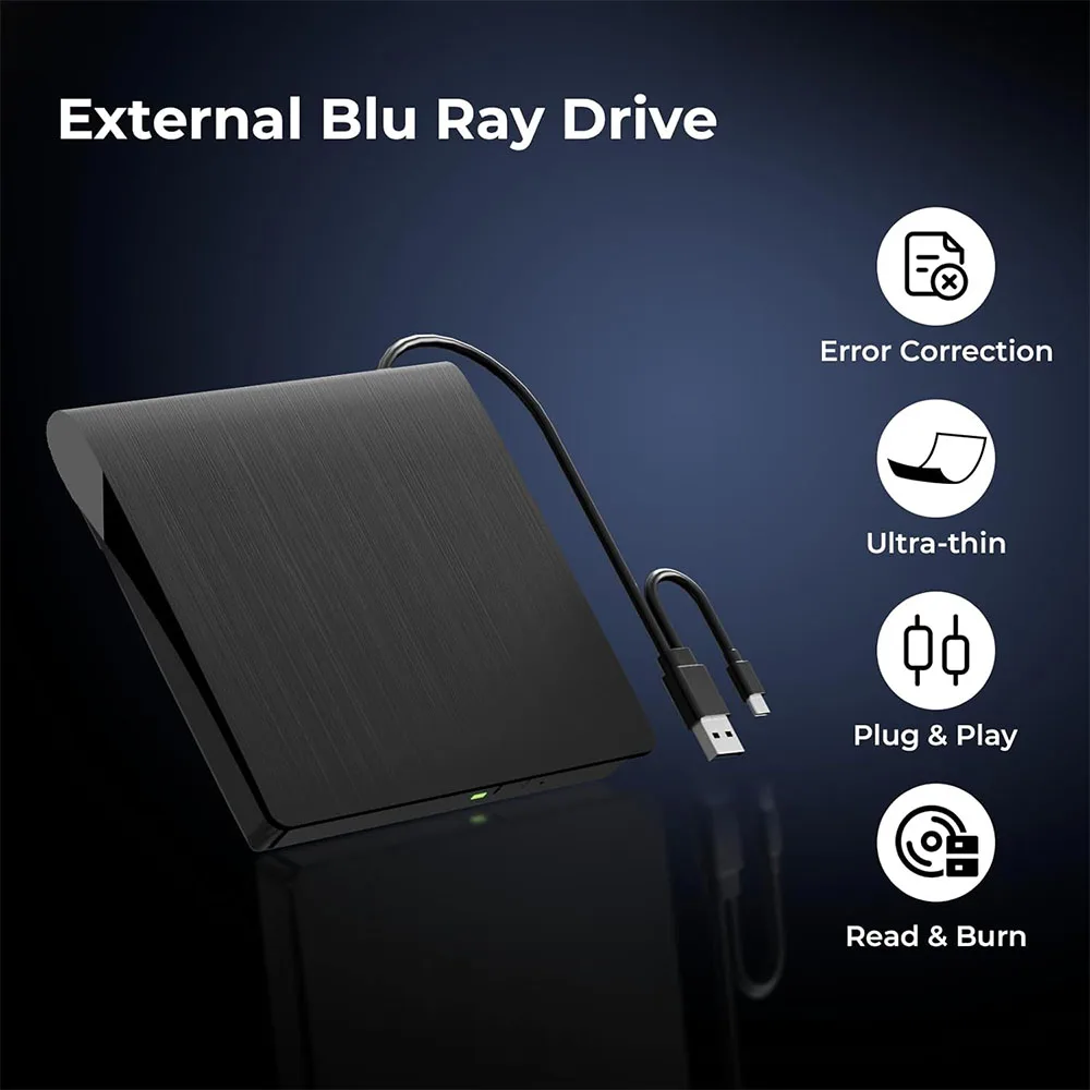 محرك بلو راي خارجي USB3.0 لأجهزة الكمبيوتر المحمول التي تعمل بنظام التشغيل Windows 11/10 Mac محمول ثلاثي الأبعاد BD-RW محرك BD DVD مشغل أقراص مضغوطة قارئ الموقد