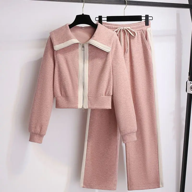 Sportswear Outfits Women's 2023 Early Spring Autumn New Fashion Doll Neck Sweater Coat Casual Wide Leg Pants Two Piece Set