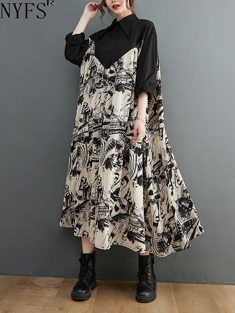 

NYFS 2023 Autumn New Korea Woman Dress Vestidos Robe Elbise Loose Plus Size Lantern Sleeve Fashion Patchwork Long Dresses