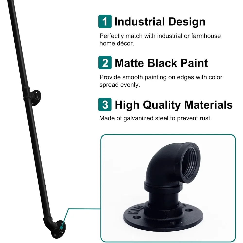 درابزين درج المزرعة على الطراز الصناعي بطول 14 قدمًا، درابزين أنبوبي بقطر 1-1/4 بوصة لدعم الدرج والجدار #4
