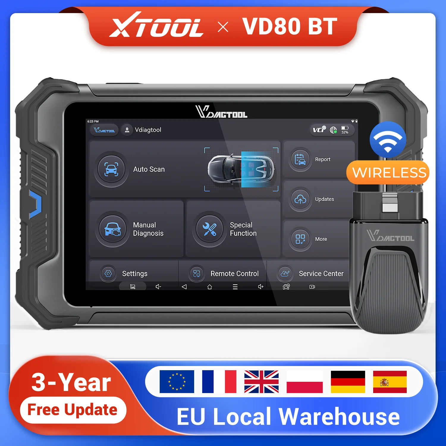 Strumento di diagnostica per auto VDIAGTOOL VD80BT con oltre 42 servizi di reset, scanner per codifica ECU, strumento di scansione bidirezionale, 3 anni di garanzia gratuita, compatibile con FCA,