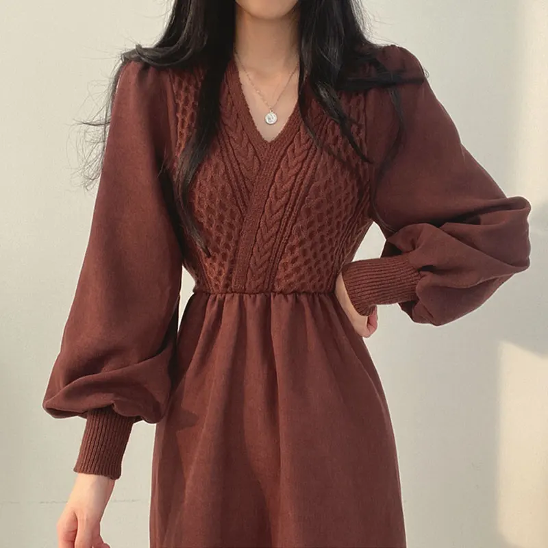 Vintage Autumn Knitted Korean Solid Woman Sweater Dress Women Dresses Thick 2022 Clothing Warm Winter Elegant Apricot Vestido