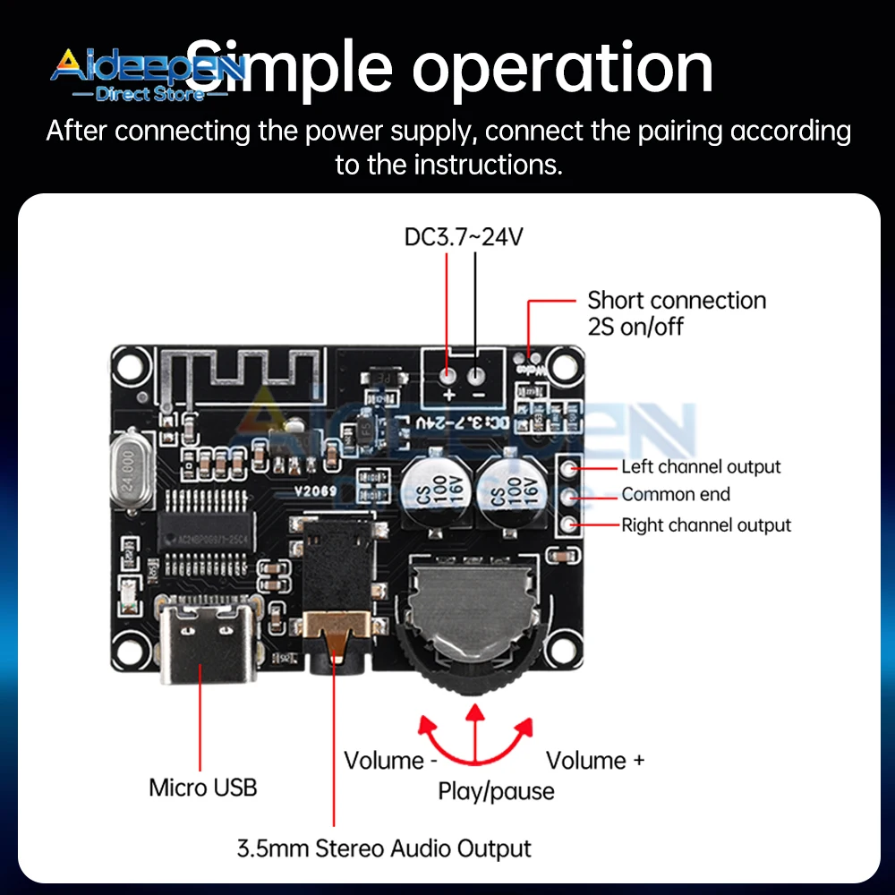 DC 3.7V-24V Bluetooth 5.0 Stereo Audio Receiver Board Mp3 Lossless Decoder Wireless Stereo Music Module XY-WRBT Type-C/Micro USB