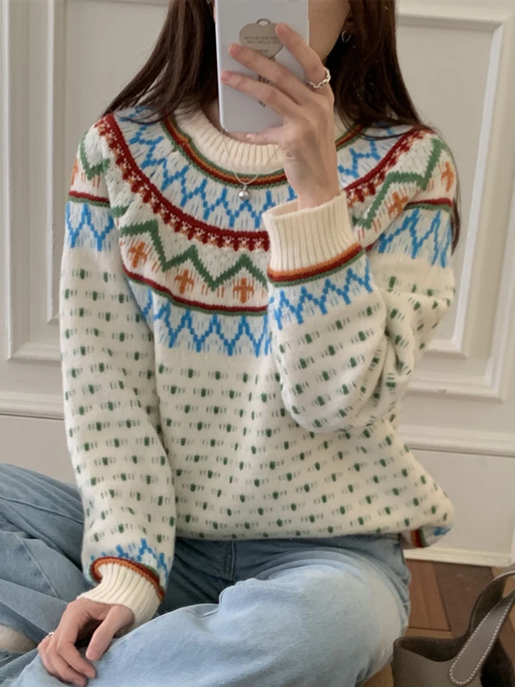 Fair Isle Sweater Long Sleeve Thick Winter Vintage Jacquard Christmas Sweater Women Loose Casual Fashion Couple Sweater Knit Top