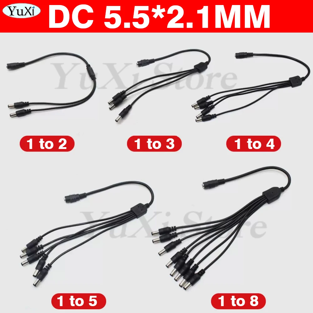 1Pc 5.5* 2.1mm DC Power Splitter Cable 5V 12V Power Adapter Connector Cord For CCTV Camera LED Strip Lights 1 to 2/3/4/5/8 Way