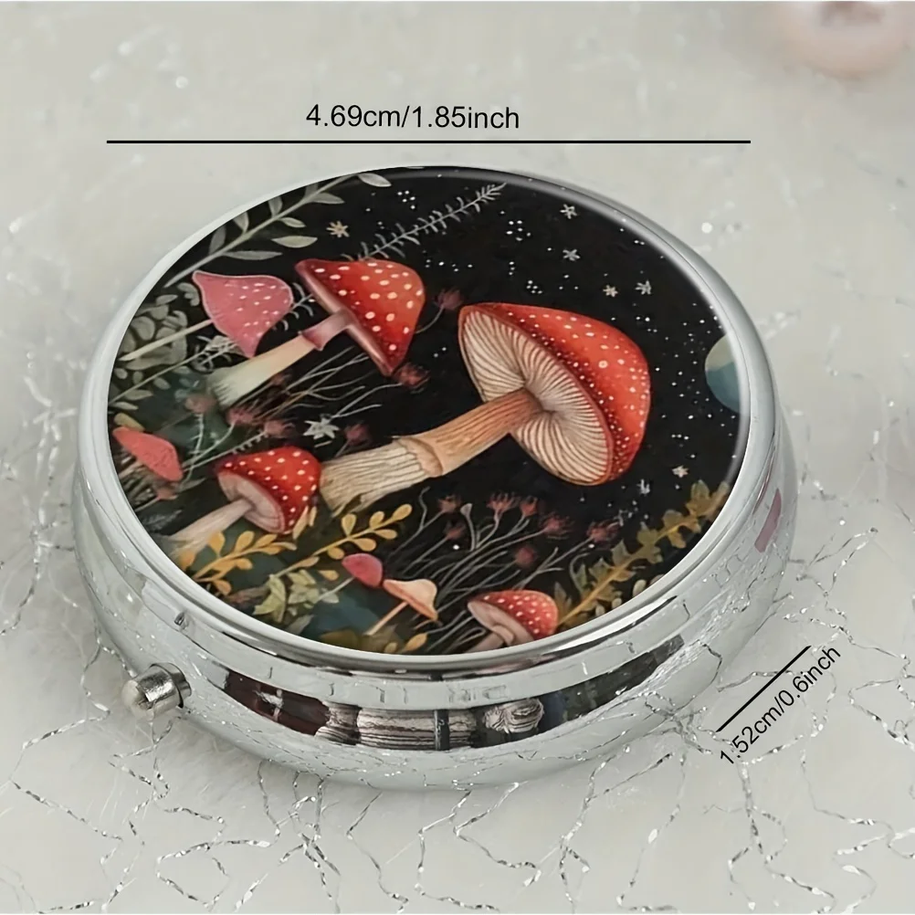 Starry Night Mushroom Round Pill Box,3 Compartments Pocket Wallet Pill Box,Travel Tablets Vitamin Holder Organizer Pill Box