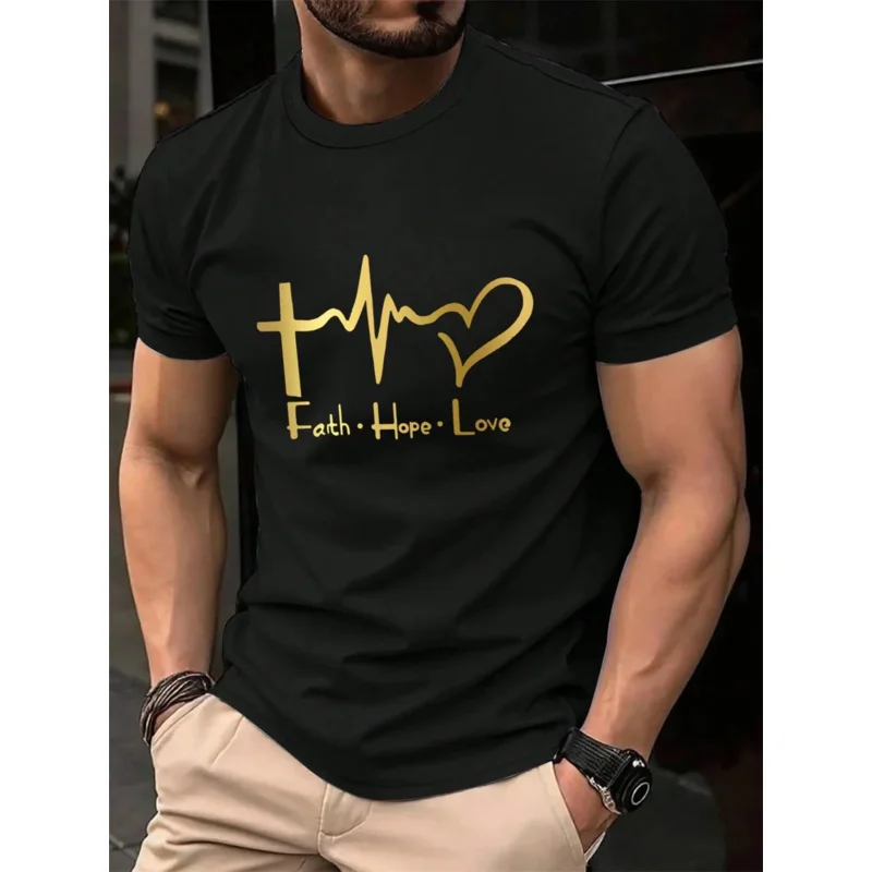 Summer men's 100% polyester fashionable casual loose pluse-sized faith Hope Love printed sporty round-neck short-sleeved T-shirt