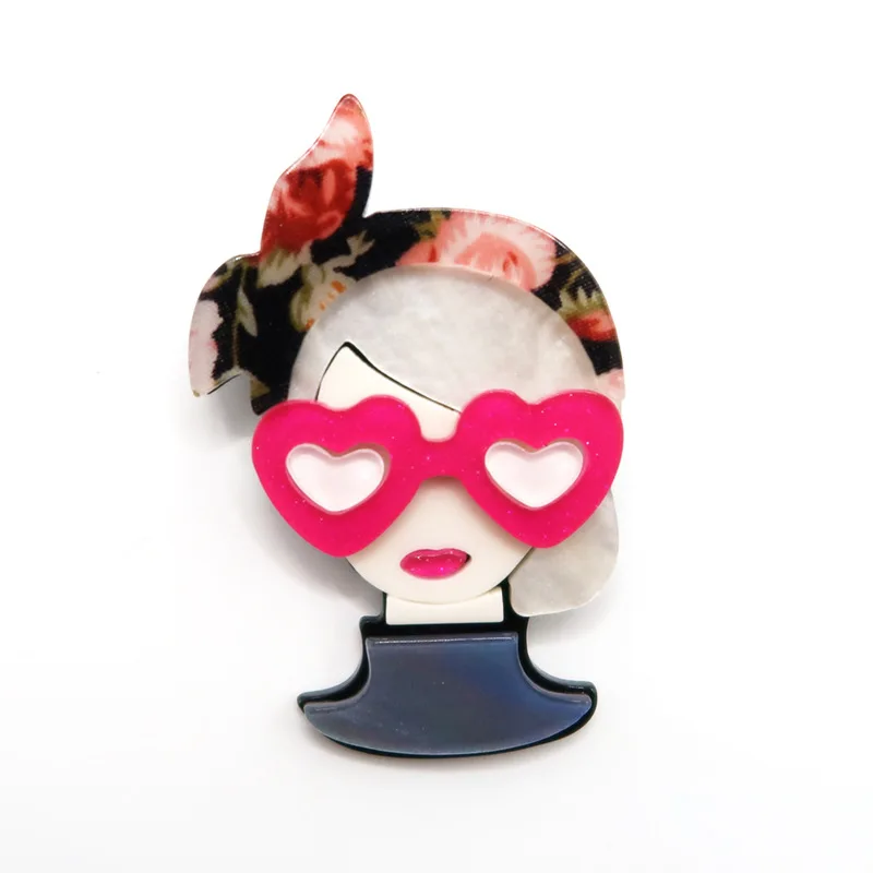 YAOLOGE 2024 New Fashion Love Glasses Girl Acrylic Brooch Original Niche Cute Portrait Corsage Clothing Brooch Accessories Gift