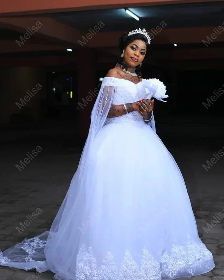 Customized Simple A-Line Off The Shoulder Sequins Beading Wedding Dresses Robe De Mariée With Cape Lace African Bridal Gowns