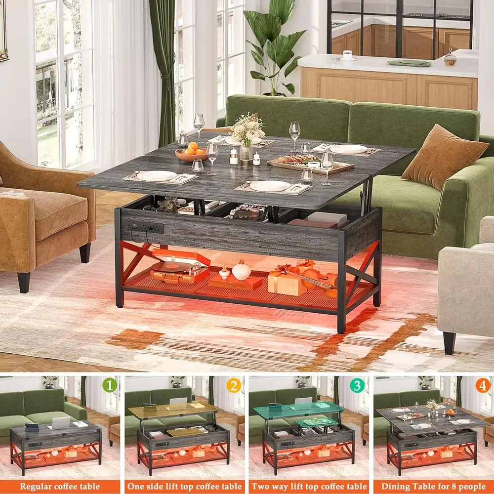 Coee Table Lit Top Multi-unction Coee Table Converts to Dining Table, with LED Light and Power Outlet, Center Table with Shelves - view 5