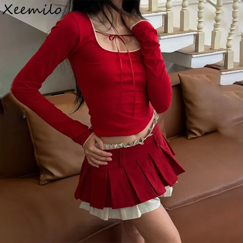 Xeemilo Aesthetic Red Square-neck Lace Up Long Sleeve T Shirt With High Waist Patchwork Pleated Mini Skirts Party Club Outfits