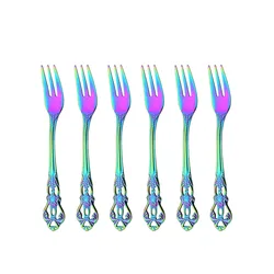 6Pcs Cake Forks Stainless Steel Dessert Fork Colorful Tea Forks Rainbow Small Fork for Fruit Snack Dinnerware Party Utensils Set