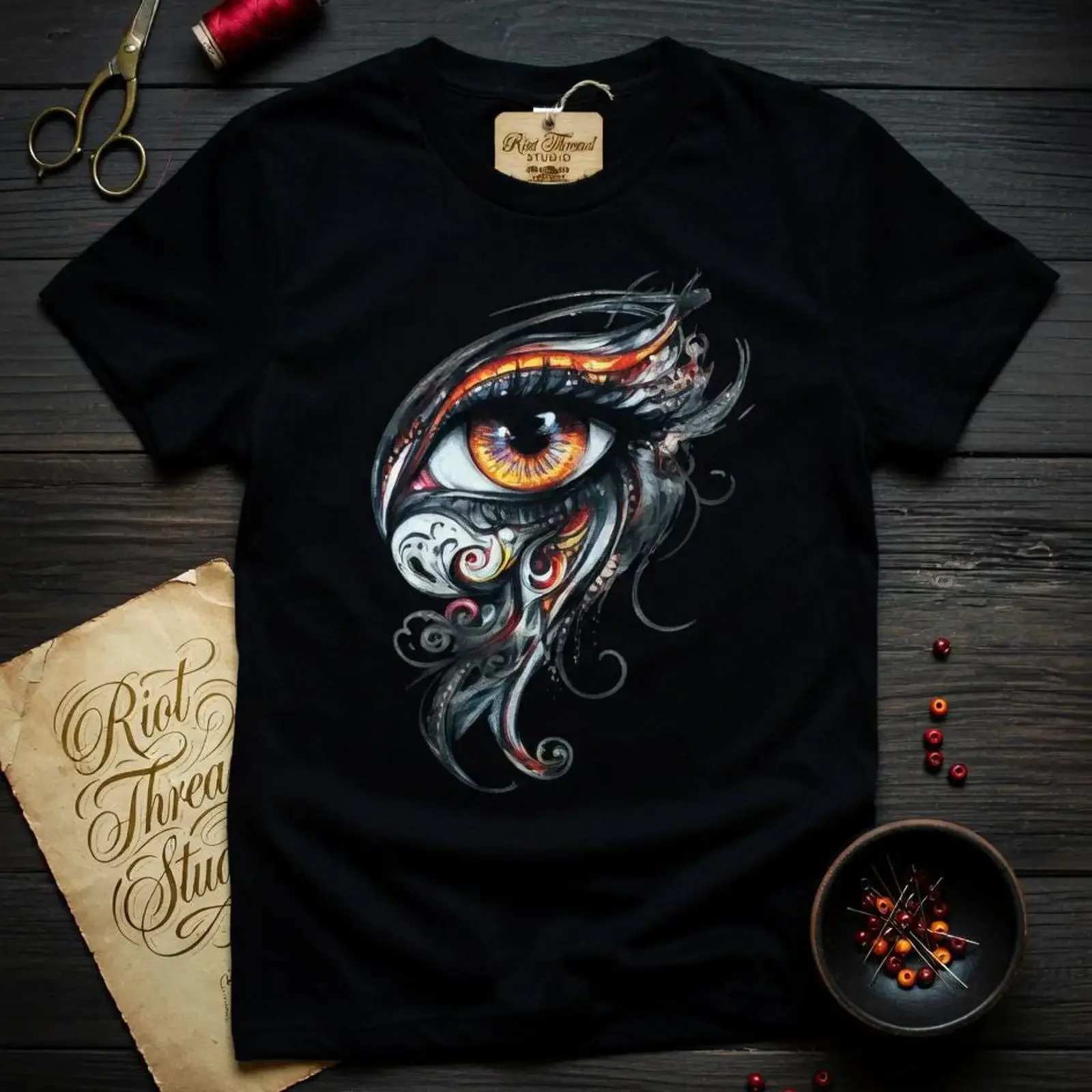 Fiery Ornamental Eye T Shirt Intricate Swirl Dark Art Bold Top Mystical Fantasy Print vintage Washed Stretched Soft