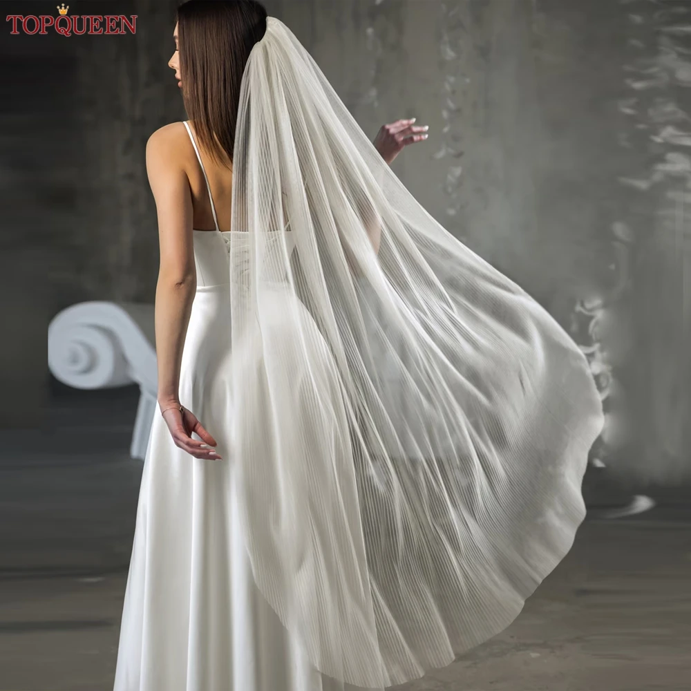 TOPQUEEN Minimalist Wedding Veil Pleated Bridal Veil Bride Accessories 1 Tier Elbow Fingertip Waltz Length Veil with Comb V192