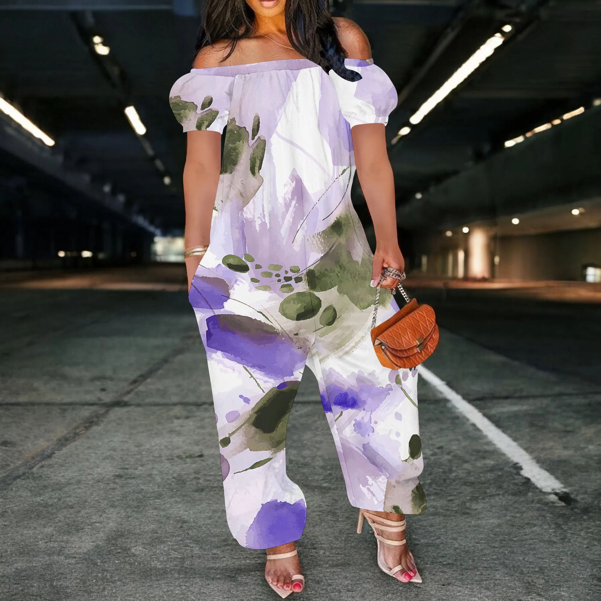 Women Casual Off The Shoulder Short-Sleeved Baggy Jumpsuits Casual Loose Wide Leg Romper with Pocket Floral