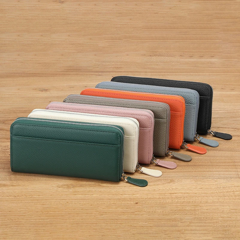Western RFID Blocking Cowhide Leather Long Women Wallet Large Capacity Coin Purse for Ladies