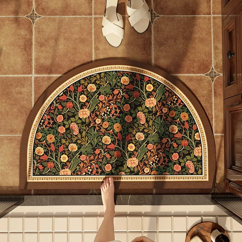 Bathroom Rug Super Absorbent Non-slip Diatomite Floor Mat Floral Semi-circular Bath Entrance Carpet Quick-drying Home Decor Rugs