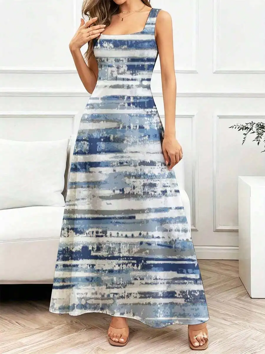 

Square Neck Striped Print Maxi Dress Women Sleeveless Elegant Casual Long Dress