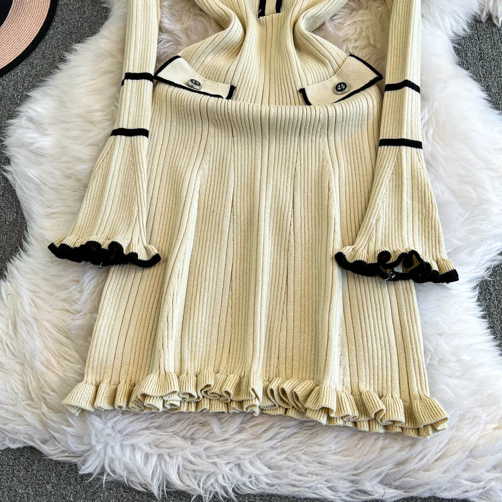 خريف جديد 2025 فستان محبوك بأكمام طويلة ومشمش أسود وياقة مقلوبة فستان ضيق على شكل حرف A أنيق