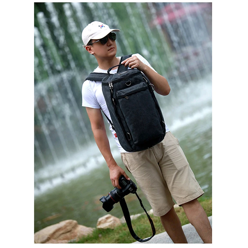 Canvas Backpack Men\'s Multifunctional Travel Handbag Large Capacity Schoolbag Outdoor Camping Portable Shoulder Crossbody Bag