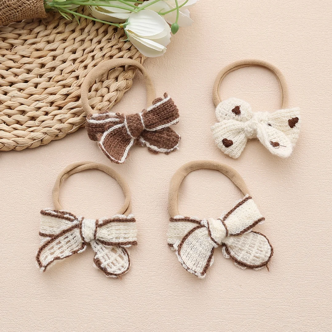 

Детская эластичная нейлоновая повязка на голову для новорожденных, милая коричневая шерстяная повязка на голову с бантом для девочек, мягкие аксессуары для волос для малышей