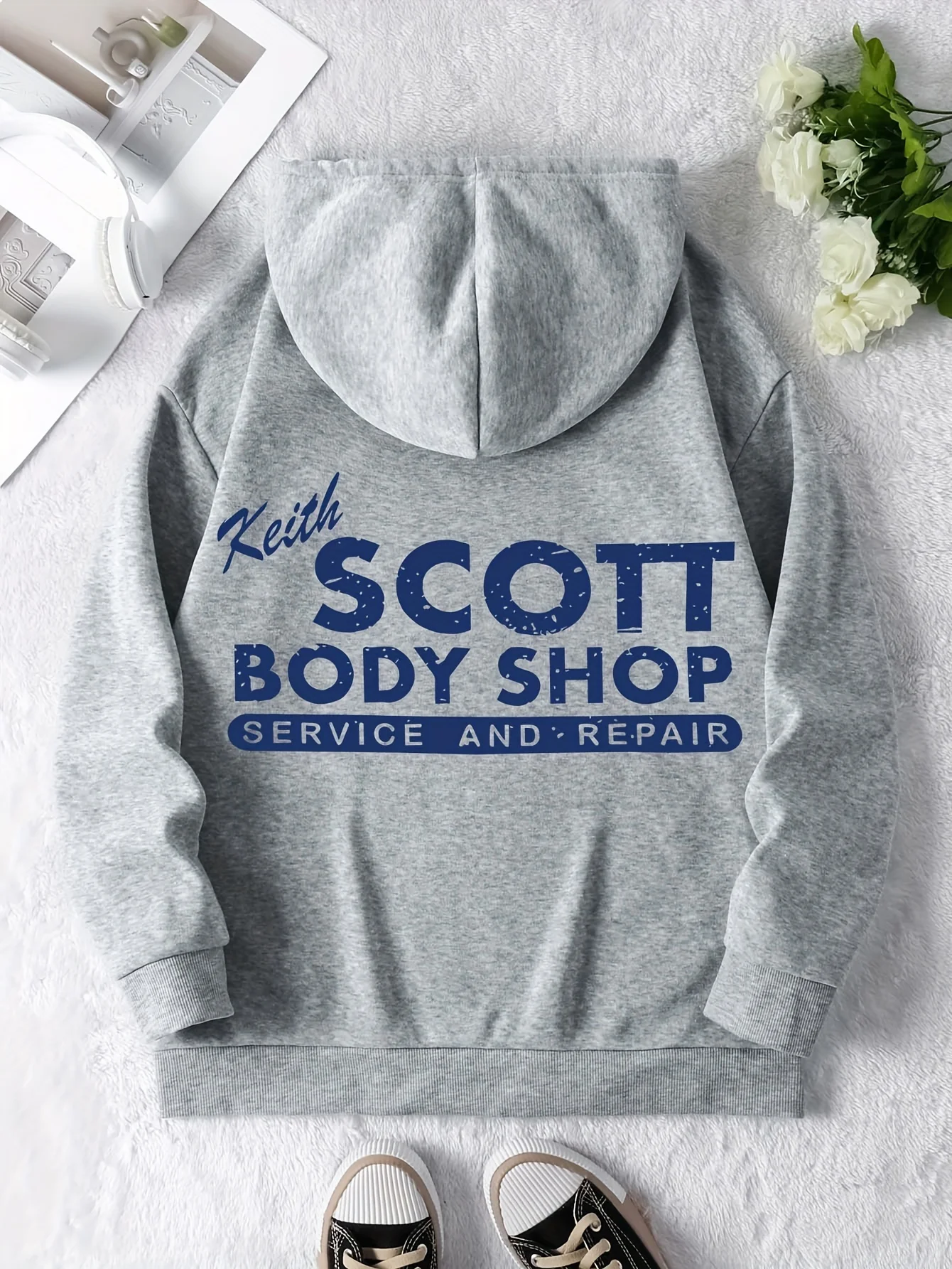 Herren Keith Scott Body Shop Hoodie Hip Hop Sport Casual Streetwear Retro Mechaniker-Print Übergroßer Pullover Sweatshirt Oberteil – Detail 3