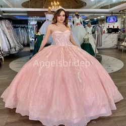 Angelsbride Glitter Tulle Pink Ball Gown 15 Year Old Quinnceanera Dress Crystals Sleeveless Sweet 16 Vestidos De Fiesta