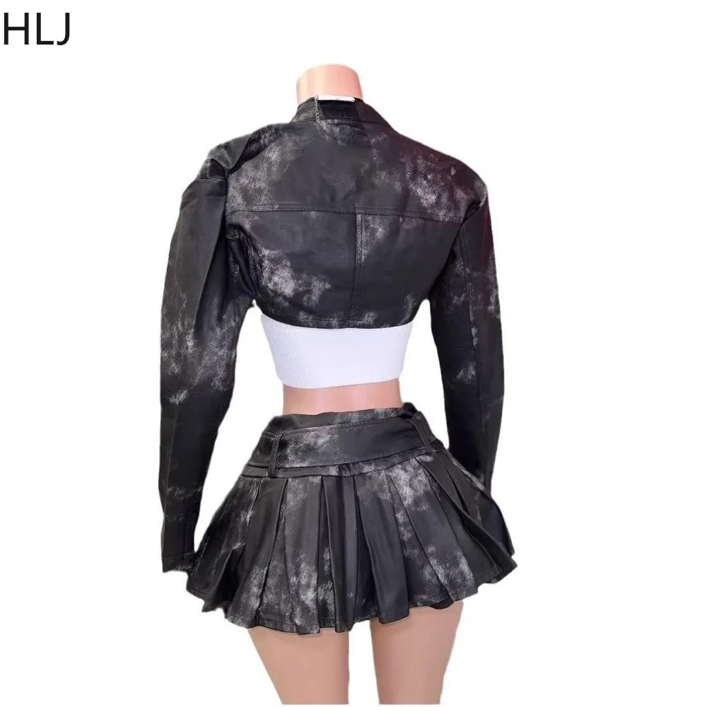 HLJ Fashion Leather Two Piece Set for Woman Black Zipper Long Sleeves Crop Jacket And Pleated Skirt Female Streetwear 2025 New