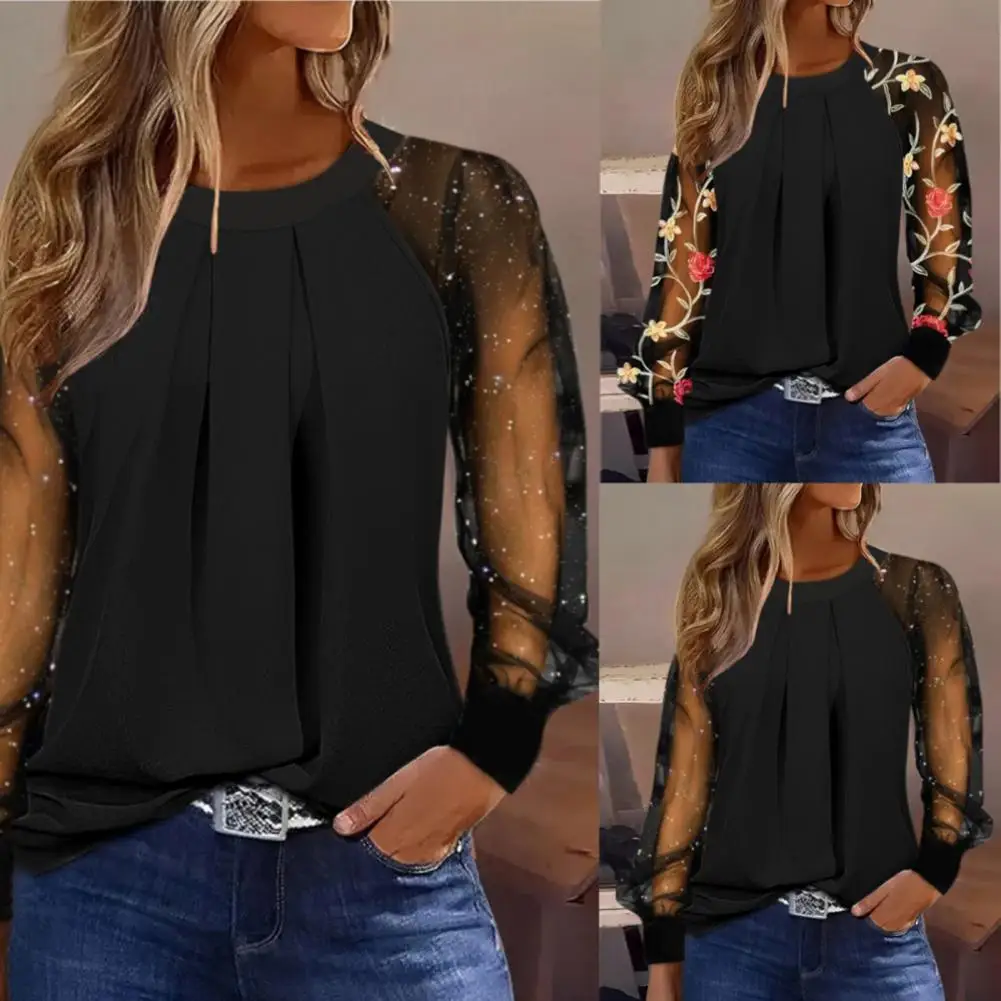 Spring Autumn Tops Flower Dot Print Puff Lace Long Sleeve Blouse Women's Casual O-neck Work Tops Loose Fit Streetwear Women