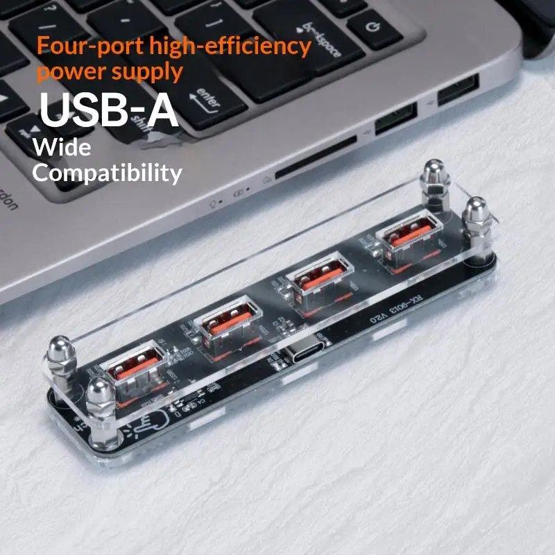 Portable USB Power Supply Base Multifunctional Desktop Accessory Power Adapter With Transparent Casing 4-Port Hub Power Supply
