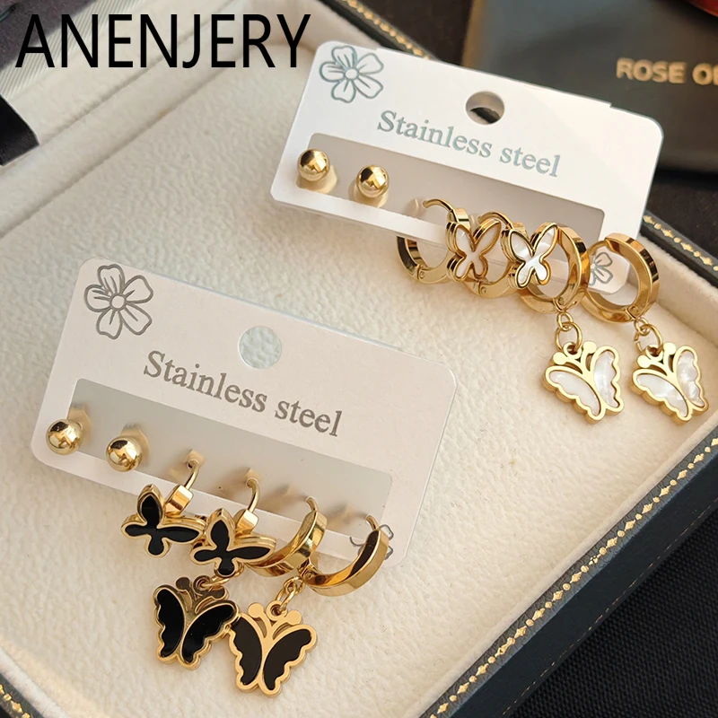 ANENJERY 316L pendientes de cuentas de mariposa de aceite de gota de acero inoxidable para mujeres y niñas elegante dulce temperamento joyería regalo al por mayor