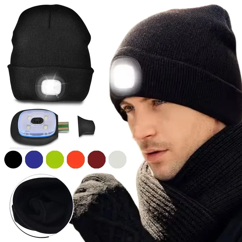 Winter Warm Knitted Hat for Men Women Beanie Hat with Light USB Rechargeable 4LED Headlamp Flashlight Night Fishing Skiing Cap