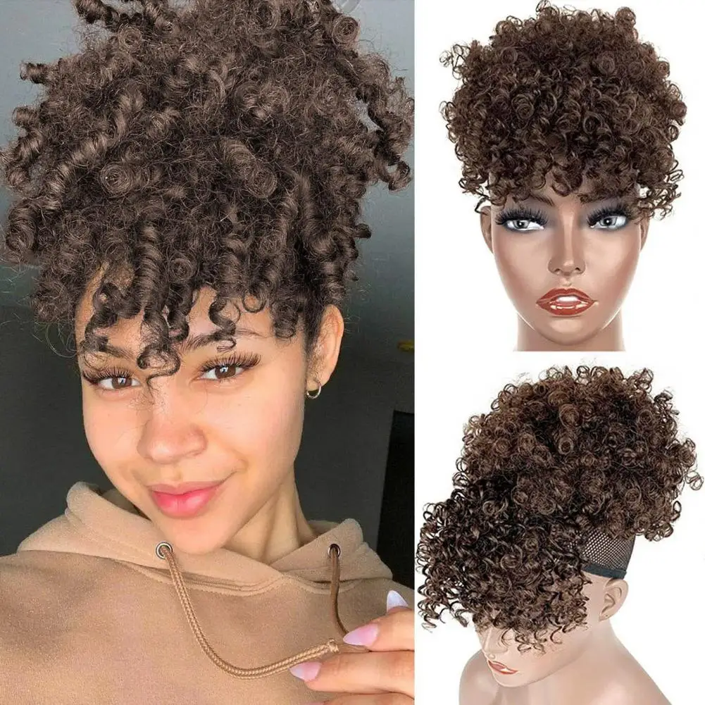 

Short Curly Wig Fluffy Natural Look Realistic Decorative Resilient African Curly Drawstring Ponytail Wig With Bangs Girls Supply