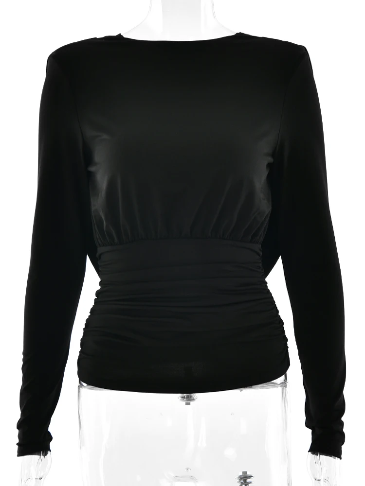 Oniflyme Backless Ruched Slim Tee Tops Women Sexy Round Neck Long Sleeve Casual T-shirts Female Autumn Outfits Elegant Party Top