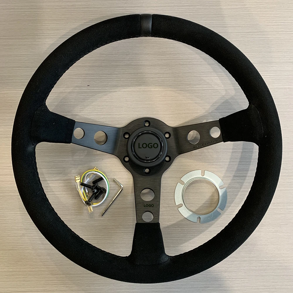 Universal MOD07 Black Edition Steering Wheel 350mm 14inch  Suede Bracket Thickness 5mm Black Stitch with 1 Stripe For mo mo