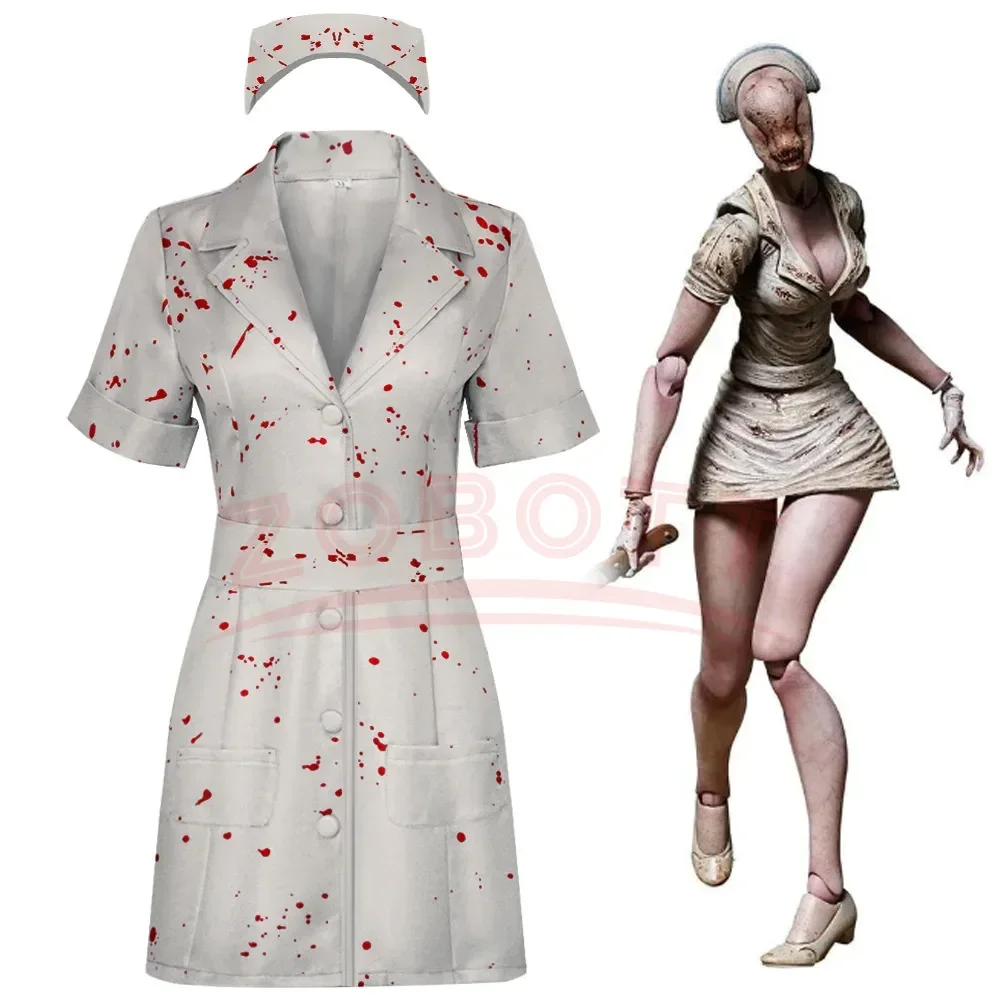 Film Silent Hill Cosplay Kostuum Verpleegster Witte Bloedgekleurde riem en hoed Uniform Fancy Halloween Carnaval Feestjurk voor Vrouw